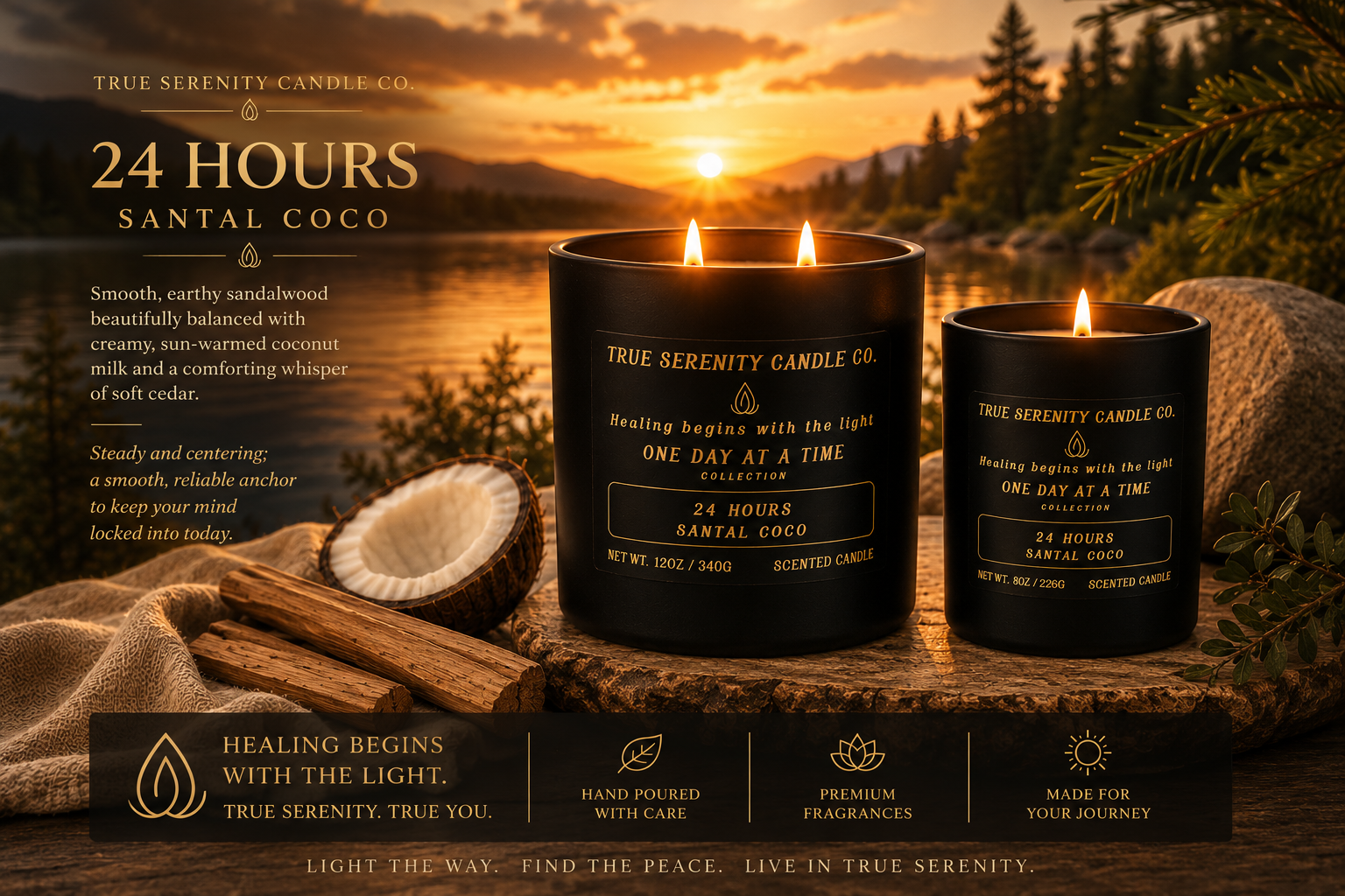 24 Hours Santal Coco candles beside coconut and sandalwood at a lakeside sunset
