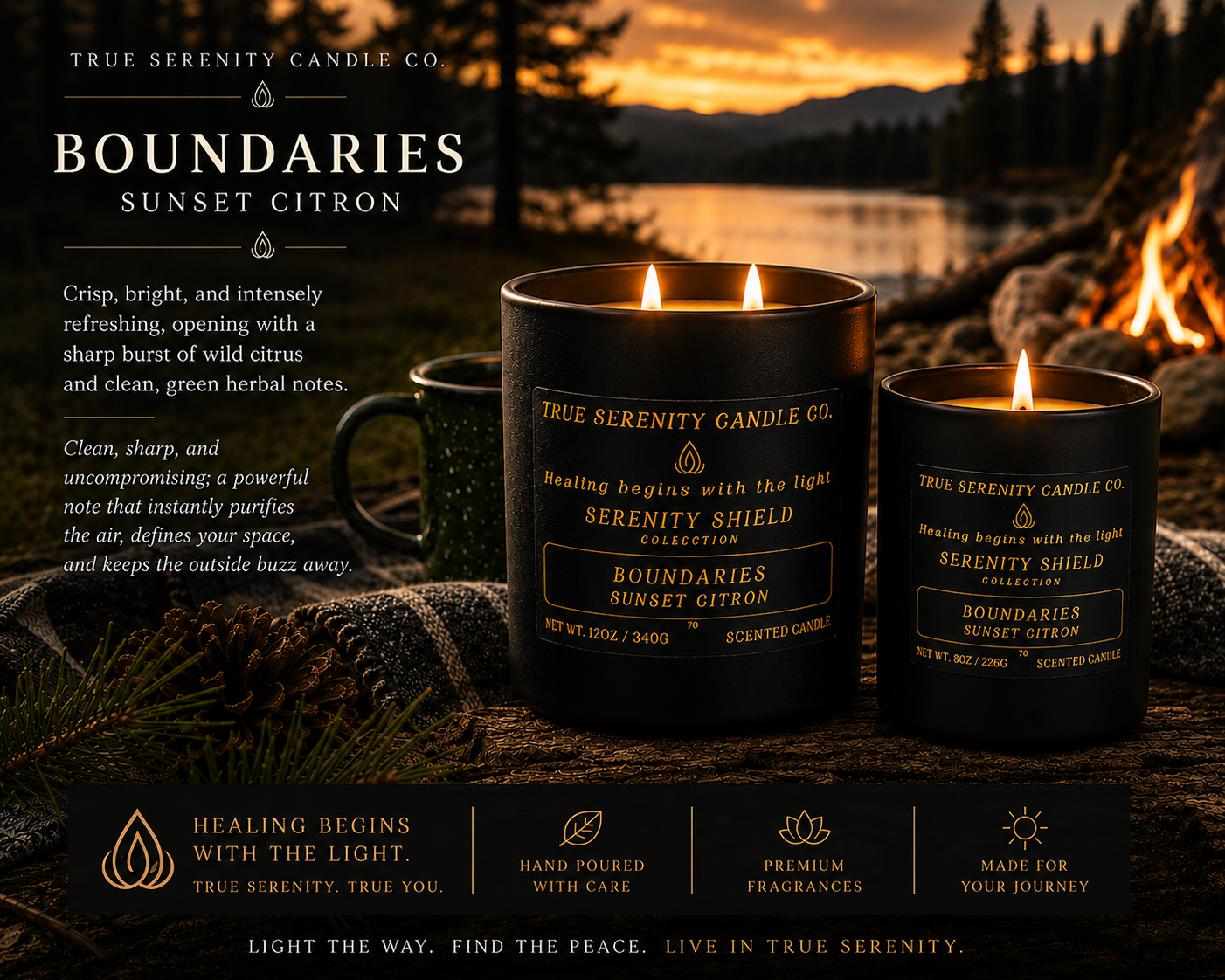 Boundaries Sunset Citron candles beside a campfire at sunset