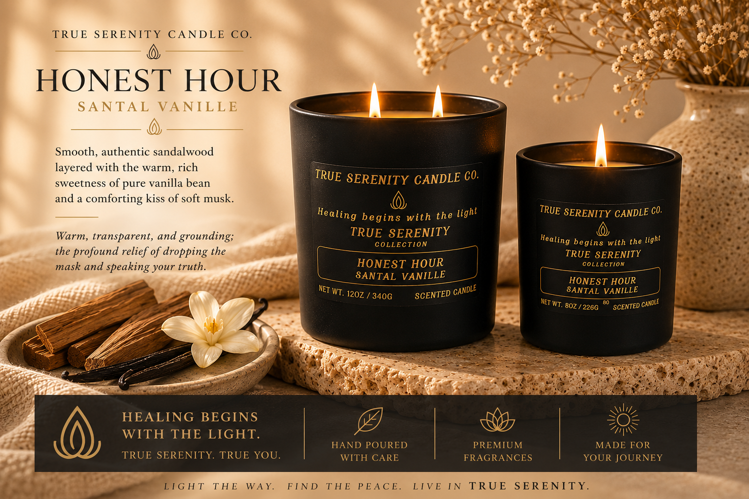 Honest Hour Santal Vanille candles styled with sandalwood and vanilla