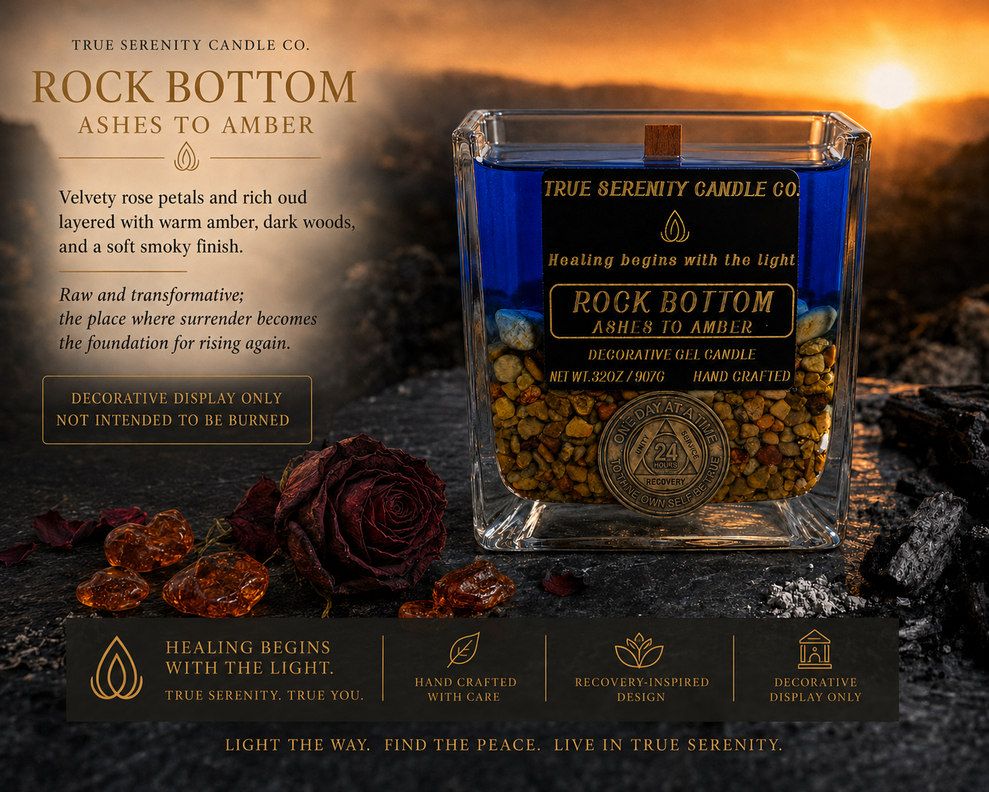 Rock Bottom Ashes to Amber decorative recovery gel candle at sunset with rose petals, amber stones, and a recovery medallion