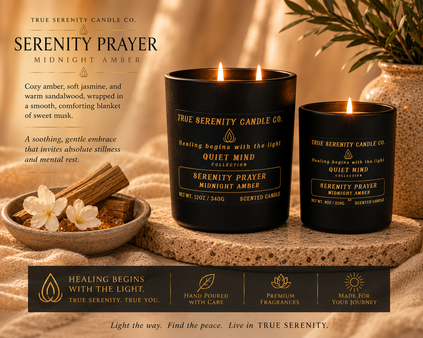 Serenity Prayer Midnight Amber candles styled with jasmine, amber, and warm sandalwood