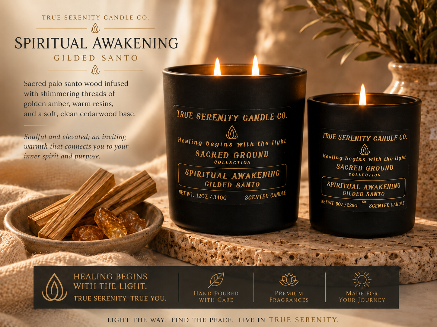 Spiritual Awakening Gilded Santo candles styled with palo santo and golden amber