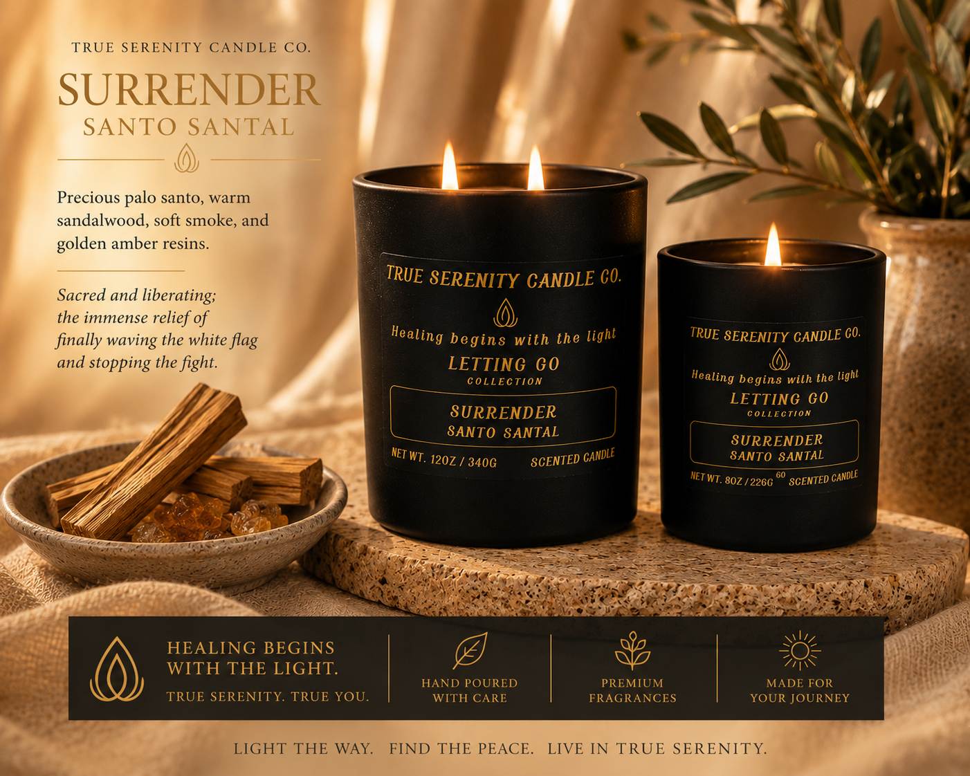 Surrender Santo Santal candles styled with palo santo, sandalwood, and golden amber